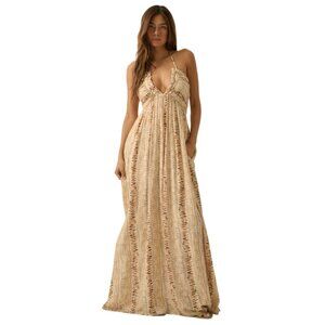 Promesa Abstract‑Print High‑Waist Tie‑Back Halter Maxi Dress | Sandstone Wave